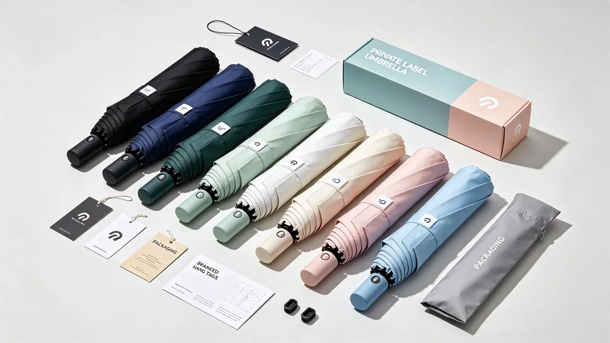 Umbrella sample selection with sleeves, packaging and colour options